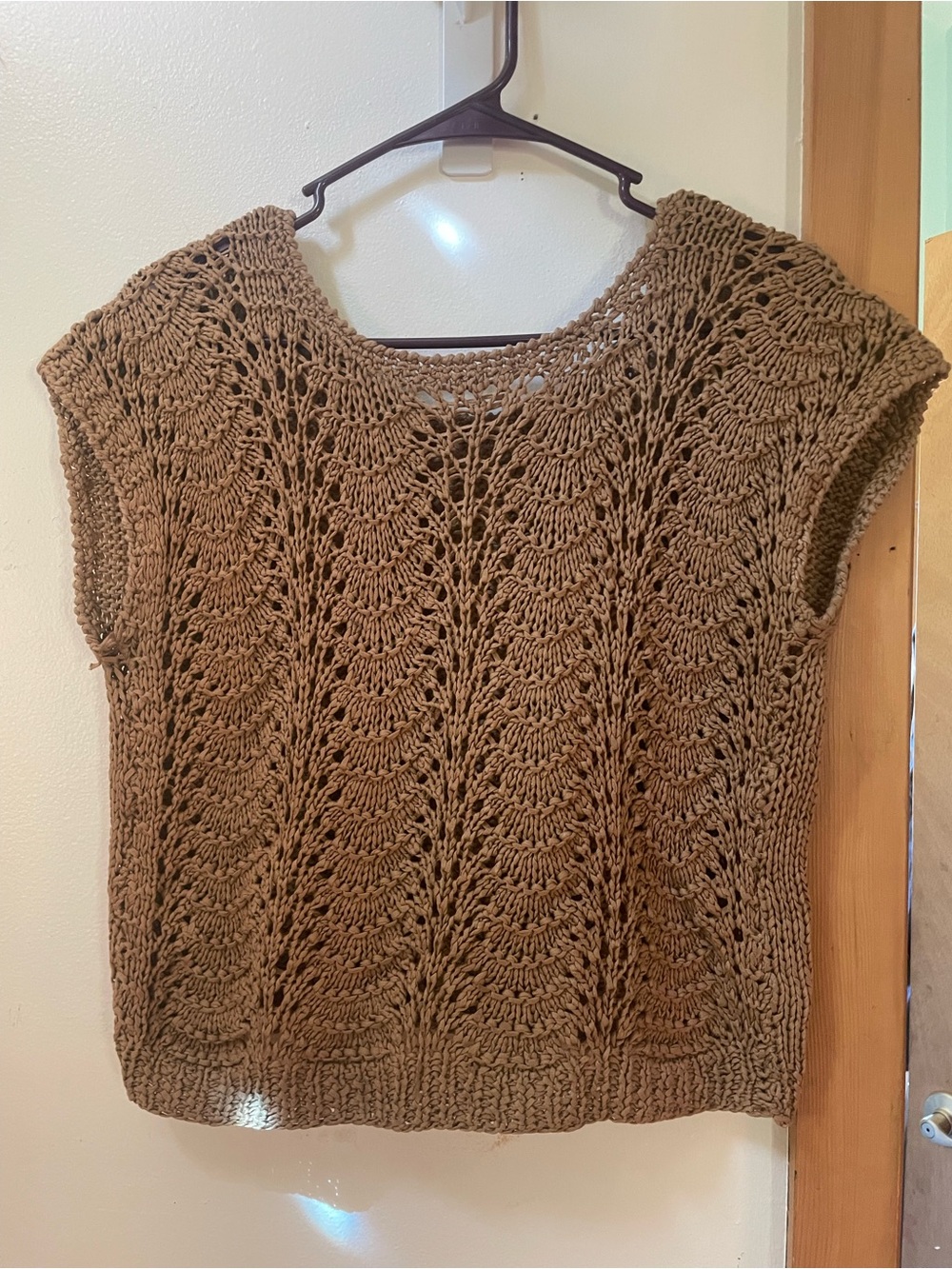 Hand-Knit Brown Openwork Cap-Sleeve Sweater
